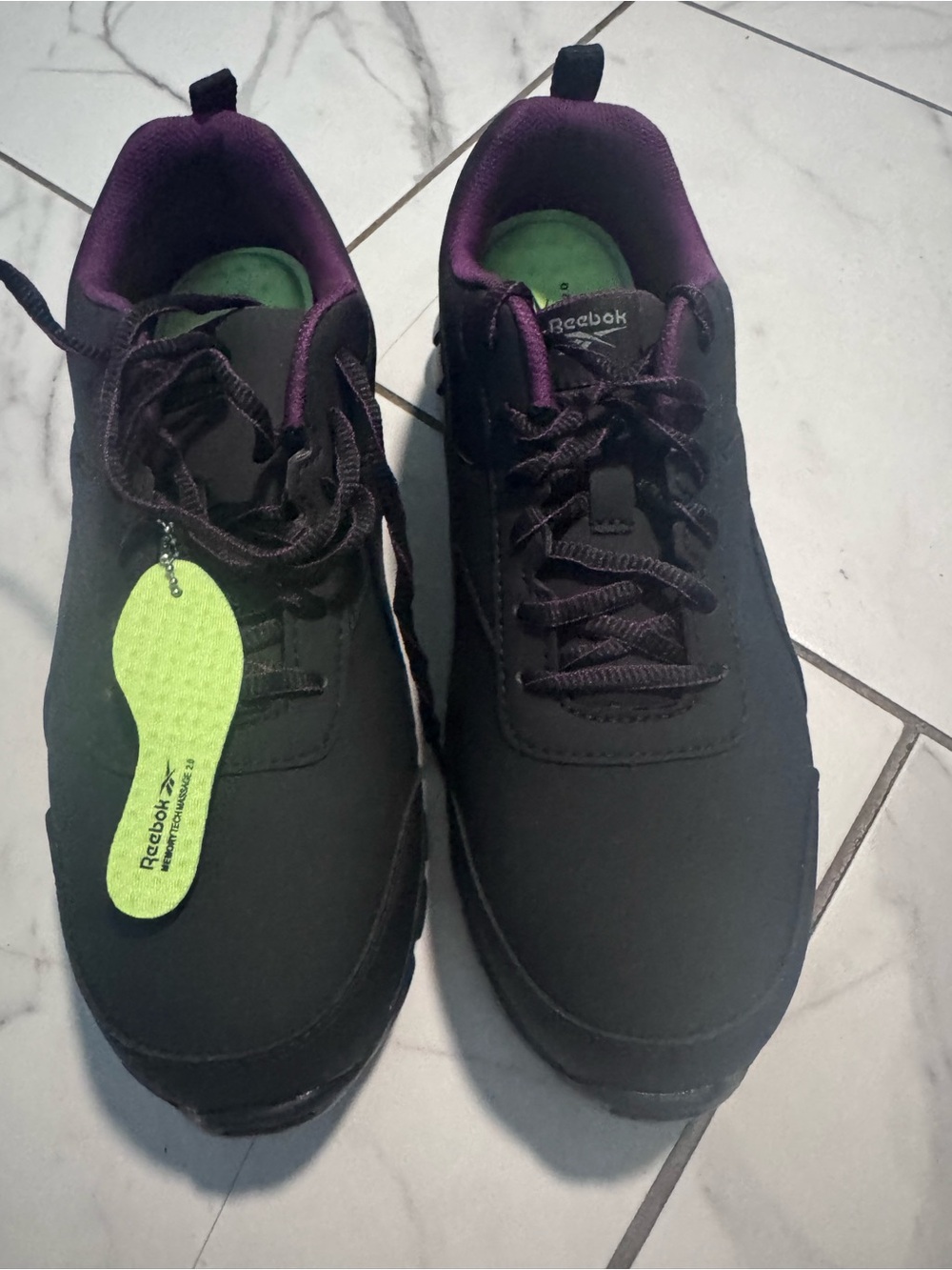 Steel toe Reebok Black Sneakers with Purple Lining and Green Insoles